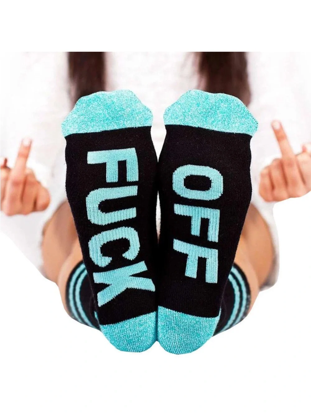 🪷 Set of 2 Bold Black Graphic 'F*ck Off' Crew Socks: Blue & Red